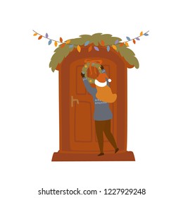 girl decorating entrance house door with christmas wreaths and lights isolated vector illustration scene