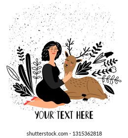 Girl with deer animal. Cartoon pretty woman with beautiful baby deer and hand drawn flowers vector illustration