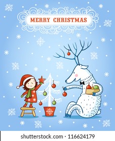 girl and deer decorate a Christmas tree. Christmas card design.