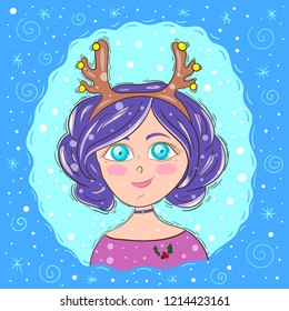 Girl with deer horns winter ice. Beauty woman blue backgrounds