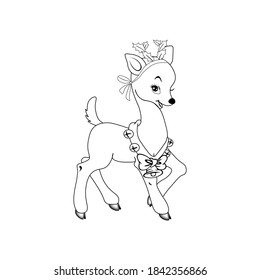 Girl deer illustration. Bell icon for Christmas and New Year celebrations. Ribbon symbol. Vector graphics for advertising decoration and children's coloring.