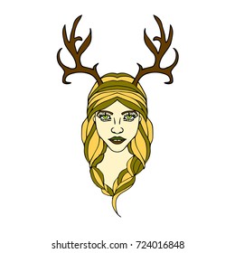 Girl deer vector illustration. Doodle style. Design icon, print, logo, poster, symbol, decor, textile, paper.