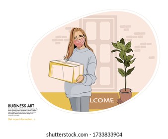 Girl from deivery in surgical mask. Woman cartoon character order online package, home delivery service shopping art. Courier with parcel advertising, receiving order  flat vector .