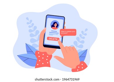 Girl deleting her social network account and information from website. Female hands holding smartphone, online problem vector illustration. Modern technology, social media, Internet addiction concept