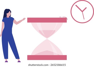 A girl delicately starts an hourglass, watching the sands trickle down, symbolizing the passage of time, patience, and the fleeting nature of moments