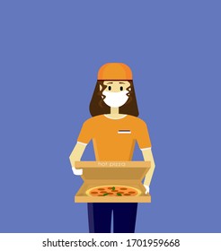 The girl delivers the food. Girl in a mask and gloves. Delivery of pizza to the door. Customer Commercial Order Concept for web Banner Infographics Images. Flat style illustration or icon. EPS 10.