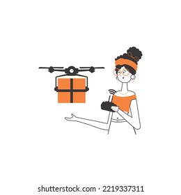 The girl delivers the package by drone. The concept of cargo delivery by air. Linear trendy style. Isolated on white background. Vector illustration.