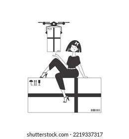 The girl delivers the package by drone. Drone delivery concept. Linear modern style. Isolated on white background. Vector illustration.