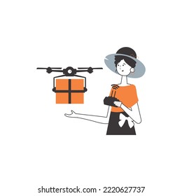 The girl delivers the package by drone. The concept of cargo delivery by air. Minimalistic linear style. Isolated on white background. Vector illustration.