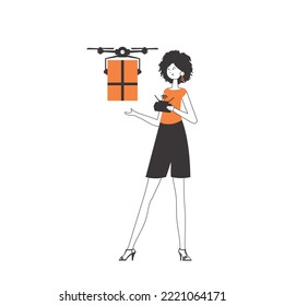 The girl delivers the package by drone. Drone delivery concept. Linear style. Isolated on white background. Vector illustration.