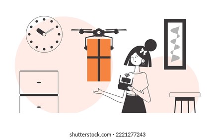 The girl delivers the package by drone. The concept of cargo delivery by air. Minimalistic linear style.
