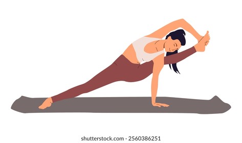 Girl demonstrates advanced samakonasana (cross twine). Flexible female in stretching balancing pose. Woman practicing yoga. Vector illustration isolated on white background