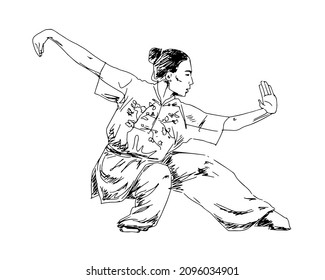 The girl demonstrates in the exercise the pose of kung fu wushu line drawing sketch sketch. Vector illustration