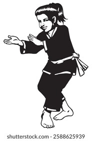 A girl demonstrates martial arts style of pencak silat. Illustration in black and white and vector format. 