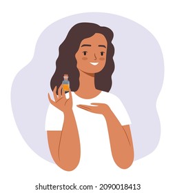 Girl demonstrating a cosmetic product in hand. Skincare cosmetic concept. African woman in towel. Flat vector character illustration.
