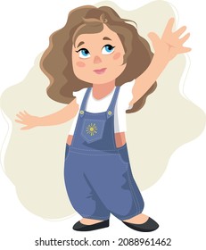 Girl in denim jumpsuit. Baby concept illustration for nursery, character for children