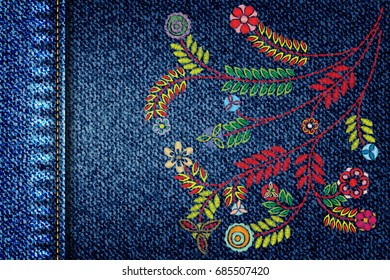 Girl denim texture with embroidery colorful trend floral bouquet. Contemporary traditional folk with color flowers arrangements on blue background for dress design. Stitch patch jeans dress.  Vector.