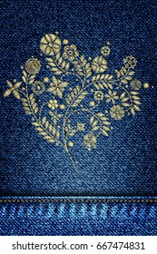 Girl denim texture with embroidery gold trend floral bouquet. Stitch patch jeans dress. Contemporary traditional folk with golden flowers arrangements on blue background for dress design. Vector.