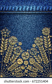 Girl denim texture with embroidery gold trend floral bouquet. Stitch patch jeans dress. Contemporary traditional folk with golden flowers arrangements on blue background for dress design. Vector.