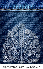 Girl denim texture with embroidery silver trend floral bouquet. Stitch patch jeans dress. Contemporary traditional folk with silver flowers arrangements on blue background for dress design. Vector.