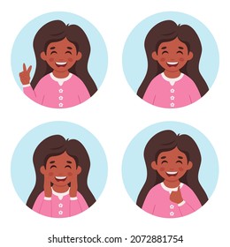 Girl with dental braces. Dental care. Little girl portrait in circular frame. Vector illustration