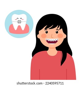 Girl with dental braces in flat design on white background. Orthodontic teeth concept vector illustration.