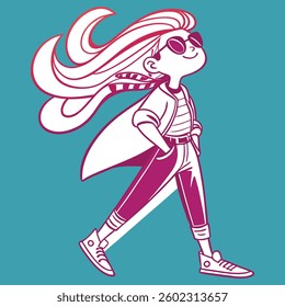 The girl is depicted with flowing hair, trendy clothing, and expressive features, capturing a sense of confidence and grace. 