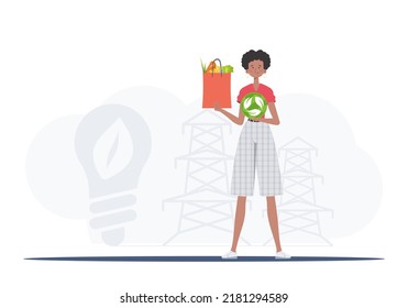 The girl is depicted in full growth holding an EKO icon and a package with proper nutrition. Healthy food, ecology, recycling and zero waste concept. Trend vector illustration.