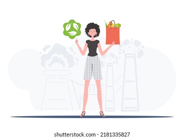 The girl is depicted in full growth holding an EKO icon and a package with proper nutrition. Healthy food, ecology, recycling and zero waste concept. Trend style, vector illustration.