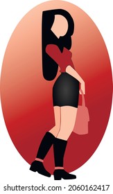 A girl is depicted on a red and pink background. The girl is wearing boots and black hair, as well as holding a pink bag.