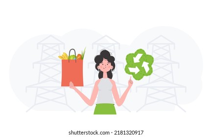 The girl is depicted waist-deep holding an EKO icon and a bag of proper nutrition. The concept of ecology, zero waste and healthy eating. Trend style, vector illustration.