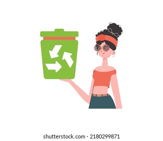 The girl is depicted waist-deep and holding a trash can in her hand. The concept of recycling and zero waste. Isolated. Trendy character style. Vetcor.