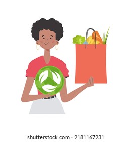 The girl is depicted waist-deep and holds a bag of healthy food in her hands and shows the EKO icon. Isolated on white background. Trend style, vector illustration.