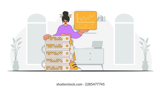 Girl depicting modern, vector style, holding IoT logo.