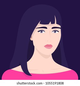The girl is depressed. Female portrait on a dark background. Sadness and sadness. Vector illustration
