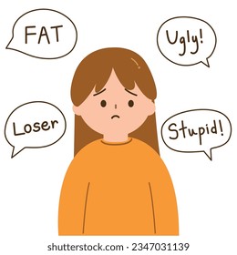 Girl depressed from hate speech other people. Depression, sadness and mental health concept