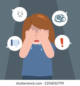 Girl depressed from hate speech other people. Depression, sadness and mental health concept
