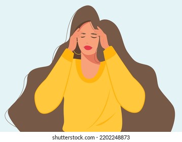 The girl is depressed, suffering. Vector illustration. Sad young girl. The woman holds her head with her hands. Pain, migraine, sadness.