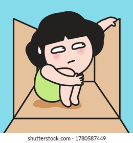 Girl With Depression And Anxiety Avoiding Social Contacts By Wrapping Herself In A Box Concept Card Character illustration