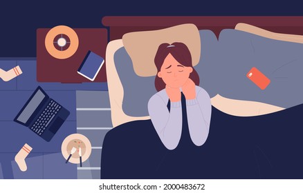 Girl in depression anxiety insomnia problem at night vector illustration. Cartoon unhappy upset young woman character crying, depressed sad lady lying in bed, bedroom interior top view background