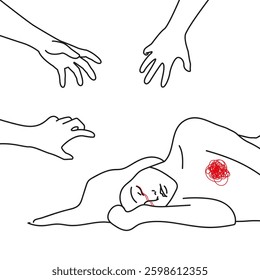girl in depression, hands stretch out to her, line style	