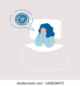 Girl in depression has confused thoughts in her mind at night, covering her face with her hands.Tired woman suffer from insomnia, sleeplessness, sleep disorder, nightmare.Vector illustration in flat