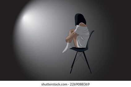 A girl in depression sits on a chair. The woman yearns and hugs her knees. The girl in the loose dress is very lonely.
