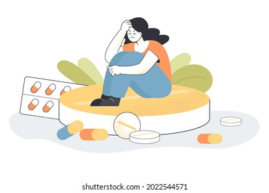 Girl with depression sitting on big pill. Woman fighting anxiety with antidepressants and hormonal drugs, placebo for addict flat vector illustration. Mental health concept for banner, website design