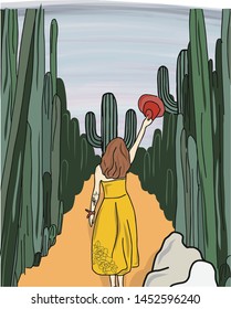 girl in the desert among cacti