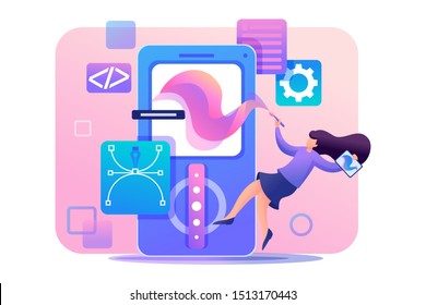 Girl designer is engaged in the design of the application design, the development of graphic design menu. Flat 2D character. Concept for web design