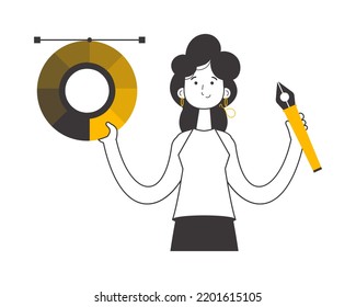 Girl designer holds color wheel in her hands  Lines modern style  Isolated white background  Vector illustration 
