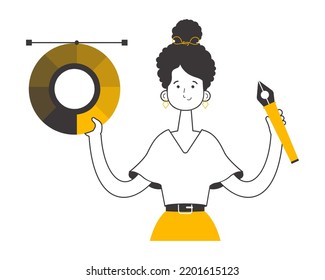 Girl designer holds color wheel in her hands  Line art style  Isolated  Vector illustration 
