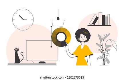 Girl designer holds color wheel in her hands  Lines modern style  Vector illustration 