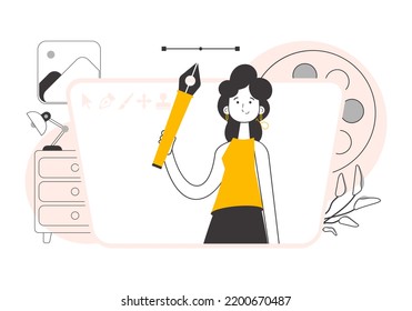 The girl designer holds a pen tool for 2D graphics in her hand. Line art style. Vector illustration.
